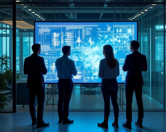 Chromia AI team collaborating in a modern London office workspace with data visualizations on screens